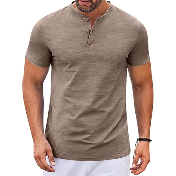 Zimjoy Men's Henley T Shirt Short Sleeve Stretchy Button Placket Loose Fit T-Shirts Casual Everyday Crew Neck Top Brown L