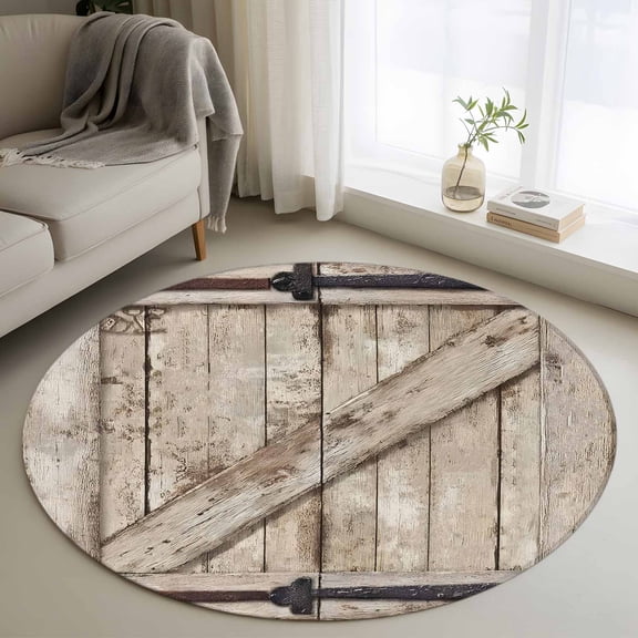 Round Rugs 3 Ft, Farmhouse Wood Grain Non Slip Area Rugs for Kitchen Bedroom Entryway, Vintage Country Barn Gate Brown Washable Carpet Runner Rug Floor Mats for Bedroom Home Decor