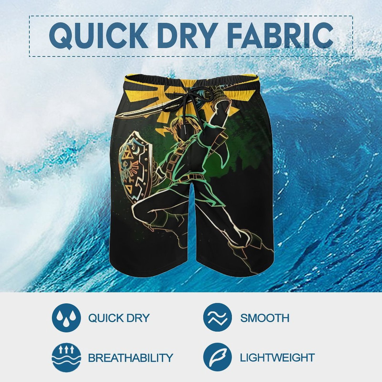 The Legend of Zelda Men's Shorts Quick Dry 3D Printed Beach Men's Swim Trunks with Pockets Mesh Lining Bathing Beachwear M