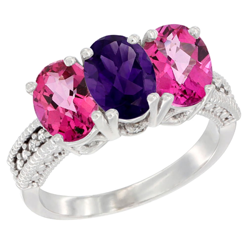 10K White Gold Natural Amethyst & Pink Topaz Sides Ring 3-Stone Oval 7x5 mm Diamond Accent, sizes 5 10 by WorldJewels