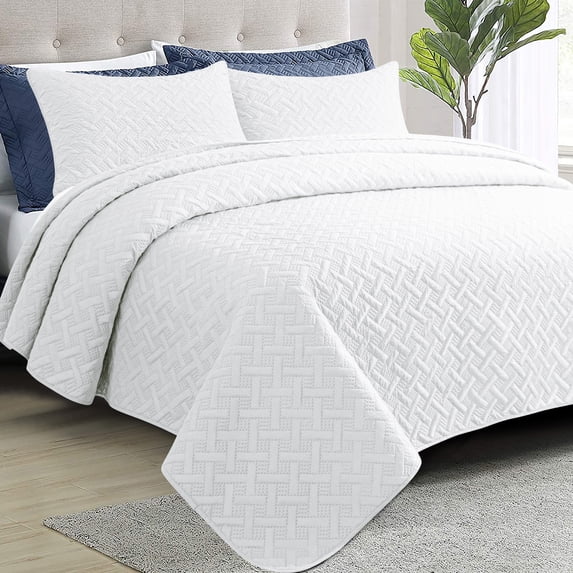 NT Bay Twin Quilt Set White Bedspread, 2 Piece Microfiber Lightweight Bed Quilted Coverlet- Basket Weave Pattern