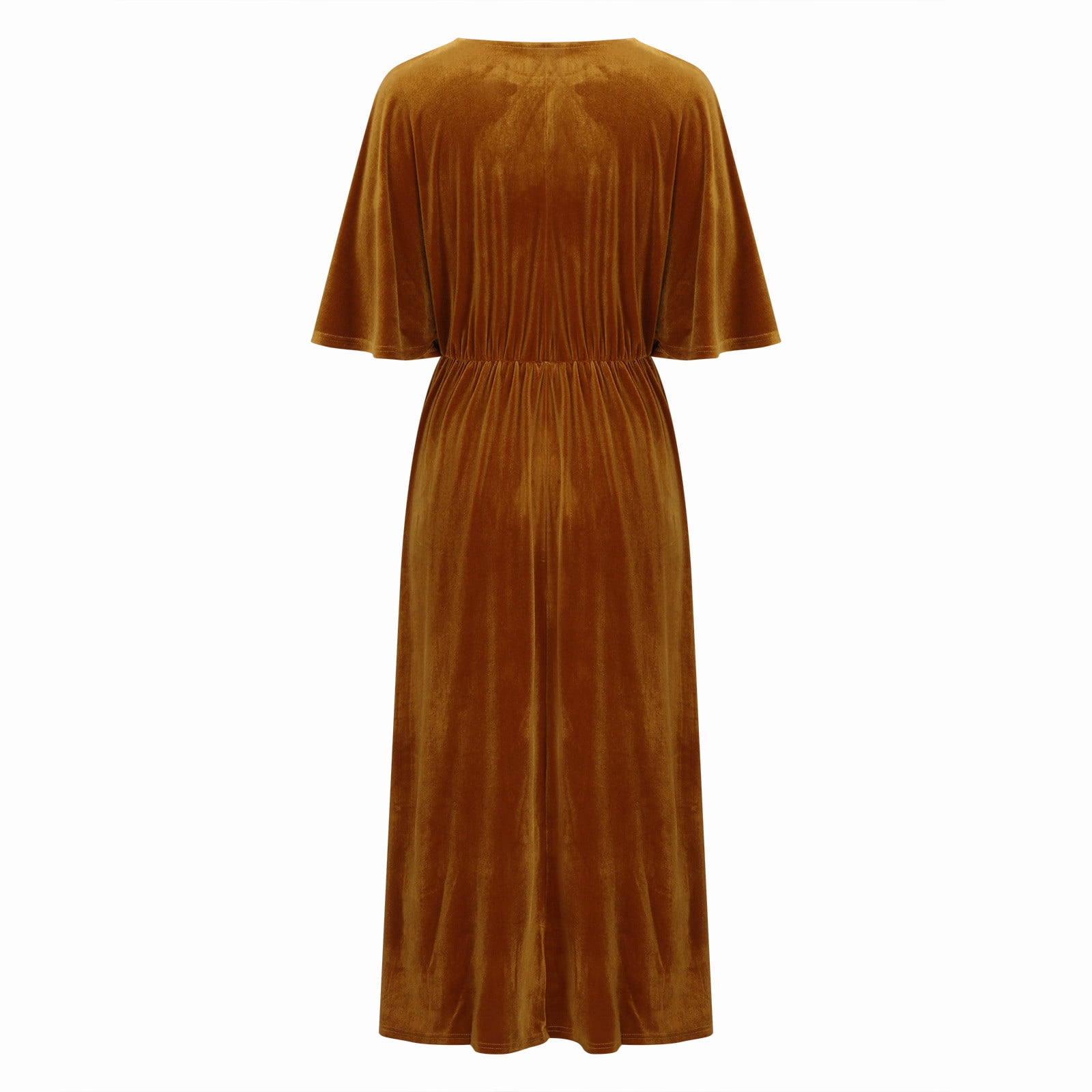 Women's Velvet Dresses Round Neck Bell Sleeve T-Shirt Dress High Split Elastic Waist Solid Dressy Dress Cocktail Party Wedding Midi Dress Gold,XL