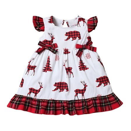 

GWAABD Little Girl Dress White Cotton Xmas Kids Baby Girls Cartoon Print Short Sleeve Plaid Patchwork Bowknot Princess Dress Clothes Outfits 3Y