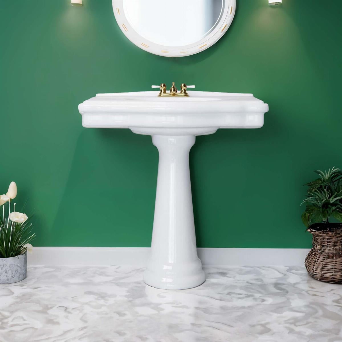 Large White Pedestal Bathroom Sink 34" W Porcelain Spaceous Wall Mount Sink w/Centerset Faucet Hole | Renovators Supply