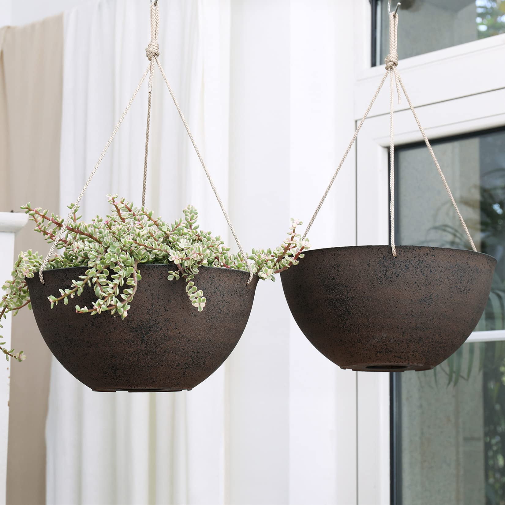 Large Hanging Planters Set of 2 13 Inch Flower Pots Outdoor Indoor Garden Decor Iron Finish