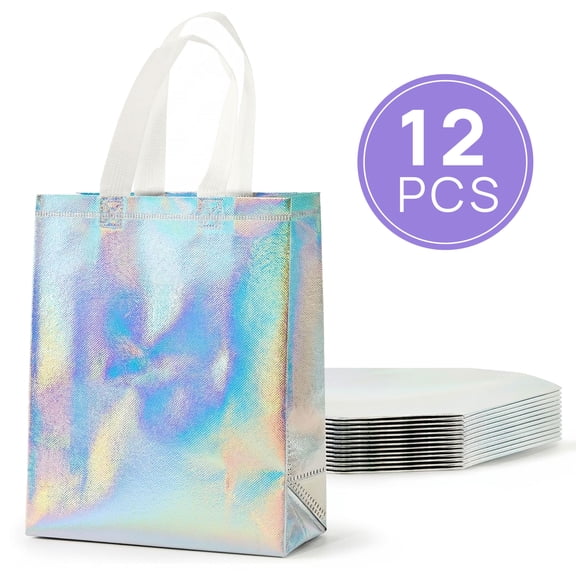 TickJOY 12 Pcs Iridescent Gift Bags with Handles, Holographic Reusable Gift Bags Medium Size, Goodie Bag for Birthdays, Christmas, Weddings, Holidays, Valentines (8"W x 4"D x 10"H, White)
