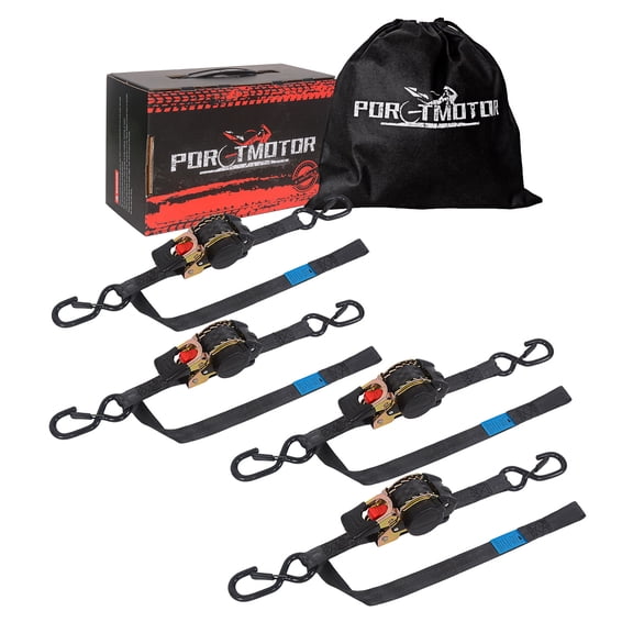 Porotmotor Auto Retractable Ratchet Straps with Integrated Soft Loops Motorcycle Tie Downs Straps for Truck, Trailer, Motorcycle 4pc