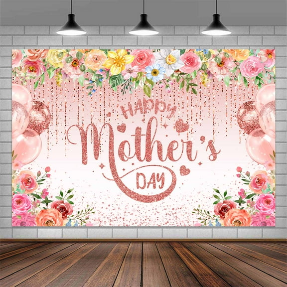 6 x 4 ft Mother's Day Backdrop Pink Rose Gold Floral Flower Photo Backdrop Mother's Day Party Decorations Photography Background Event Gifts Banner I Love Mom Party Cake Table Photobooth Studio Props