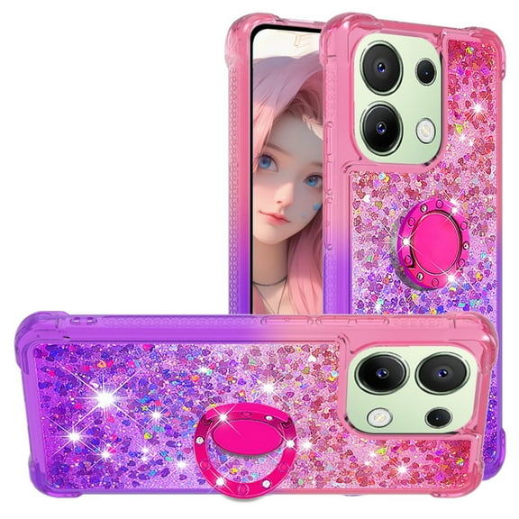 CCSmall for Xiaomi Redmi Note 13 4G Cute Case with Kickstand for Girls Women, Liquid Glitter Sparkle Bling Phone Case Gradient Floating Quicksand Cover for Redmi Note 13 4G JB Pink Mauve