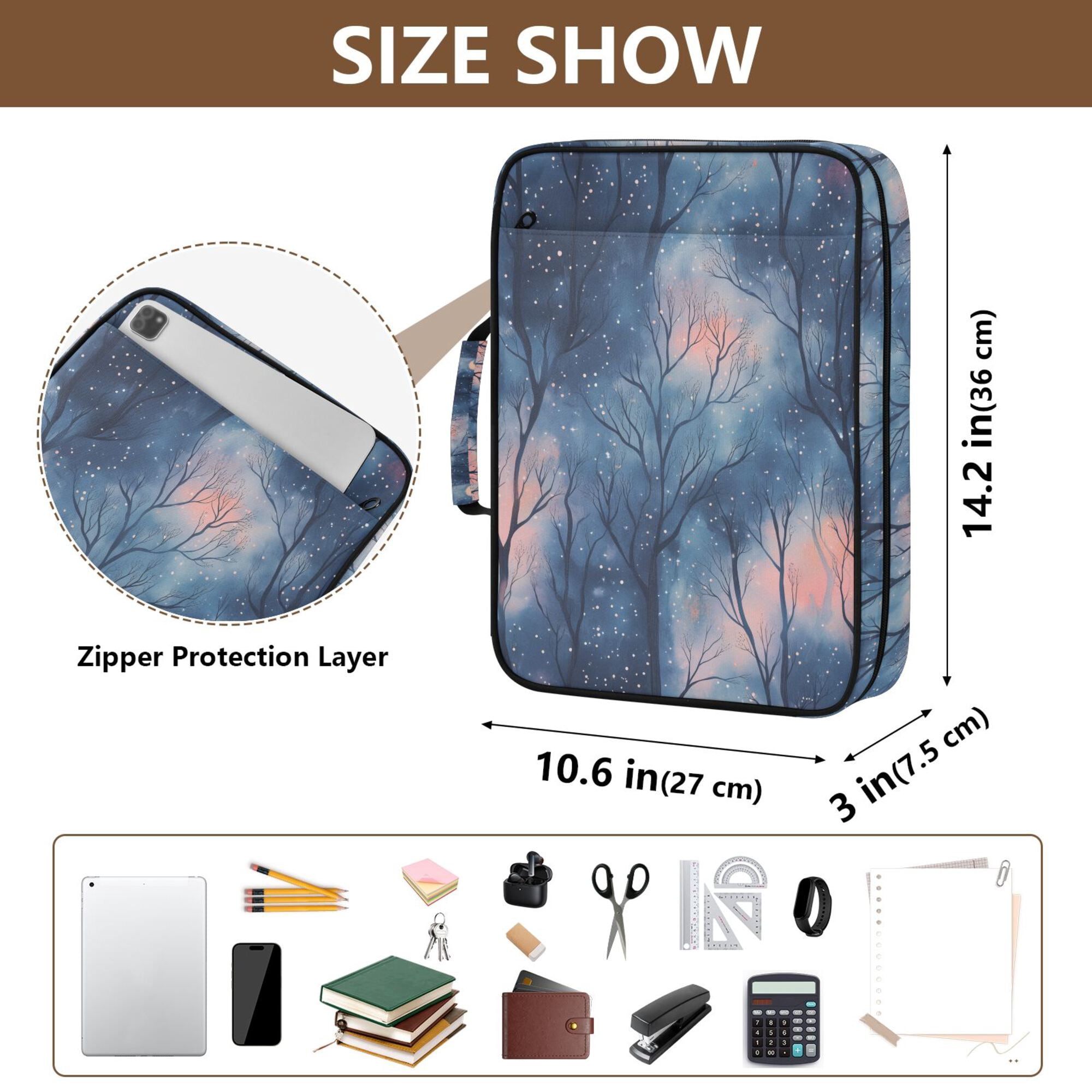 FORMRS Accordion File Folder A4 Size 7-Pocket Expanding Document Organizer Bag with 3 Ring Binder, Trees in The Night
