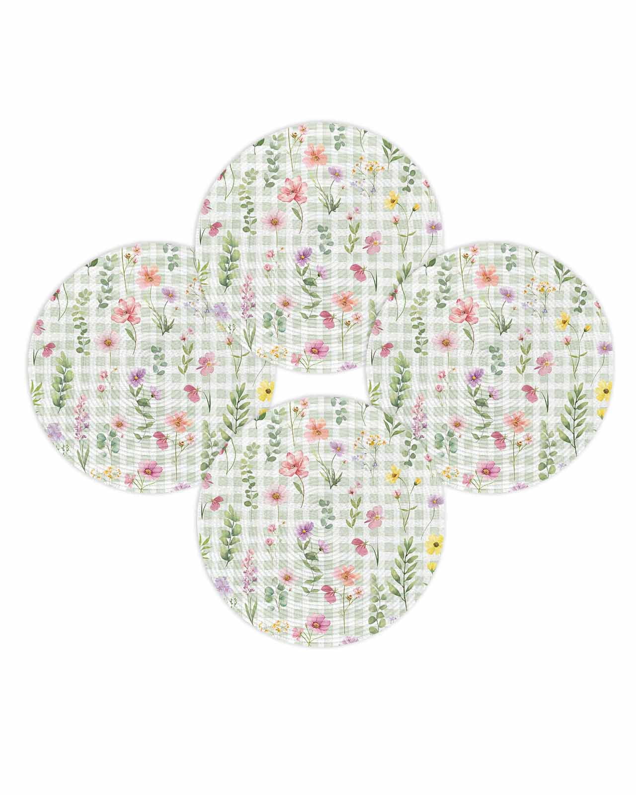13 Inch Round Placemats Set of 4, Spring Floral Non Slip Heat Insulation PP Table Mats, Pink Flowers Green Plaid Pastoral Washable Place Mats for Kitchen Dining Party Table Decor