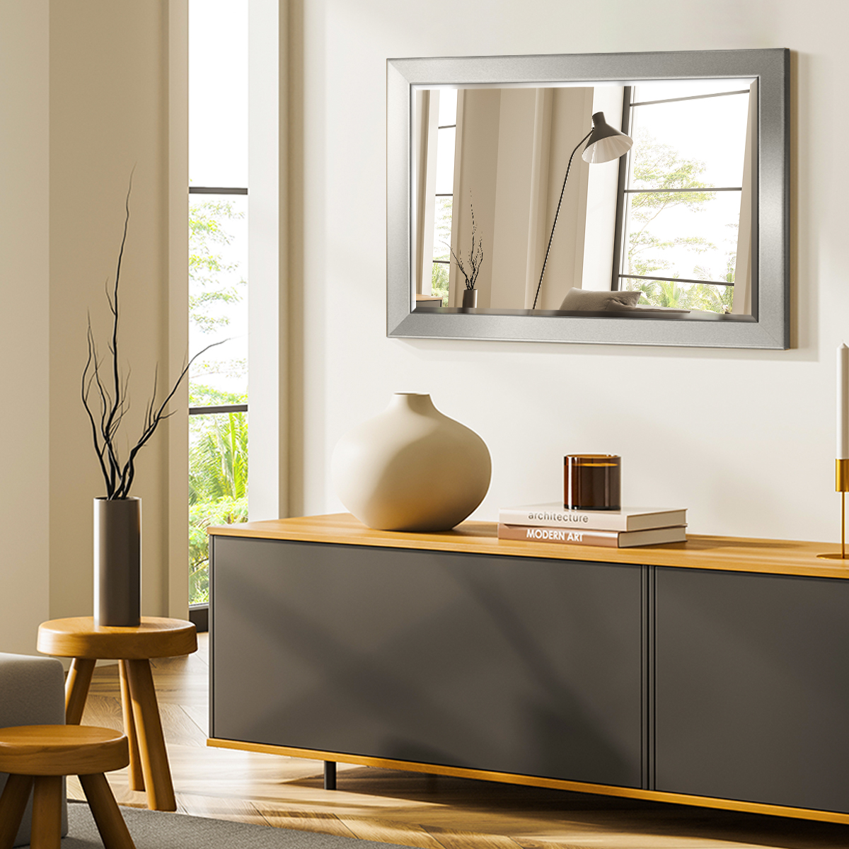 29 in. W x 41 in. H Framed Rectangle Beveled Edge Wood Full Length Mirror in Solid Silver