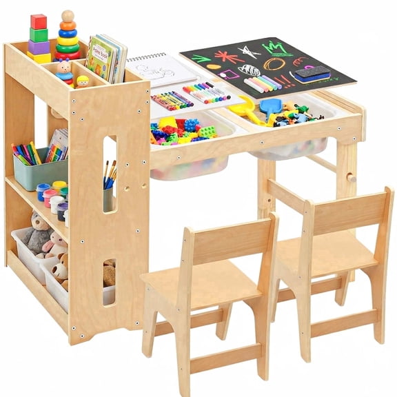 Toddler Sensory Table with Storage Shelves, Adjustable Height Kids Art Desk with Bookshelf, Wooden Activity Play Desk and Chairs for Children 1-6 Years