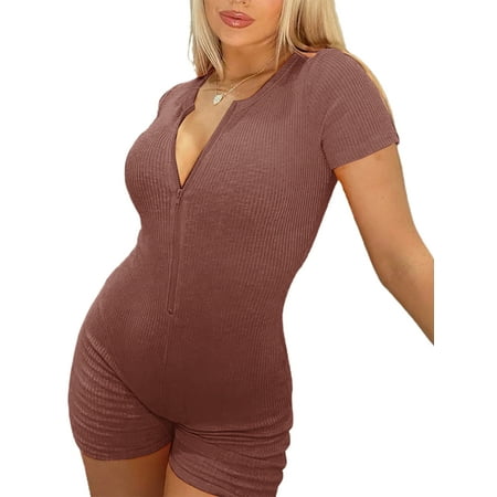 

wybzd Short Sleeve Jumpsuit for Women Bodycon V Neck Rompers Shorts Knitted One Piece Bodysuit Overall Pajamas Brown L