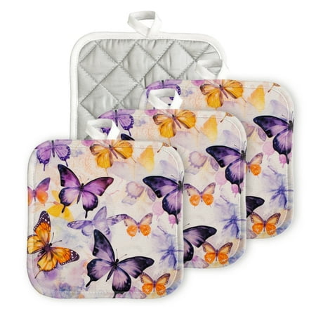 

Bahomeck Pot Holder 4Pcs Vibrant Watercolor Pattern Of Purple And Orange Butterflies Square Heat Resistant Hot Pads For Kitchen Cooking Oven With Hanging Loop Potholder Easy To Store