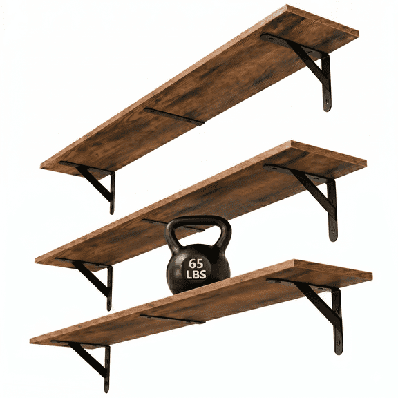 Farmhouse Floating Shelves for Wall 32″W x 8″D, Long Wall Shelves Set of 3,Rustic Brown