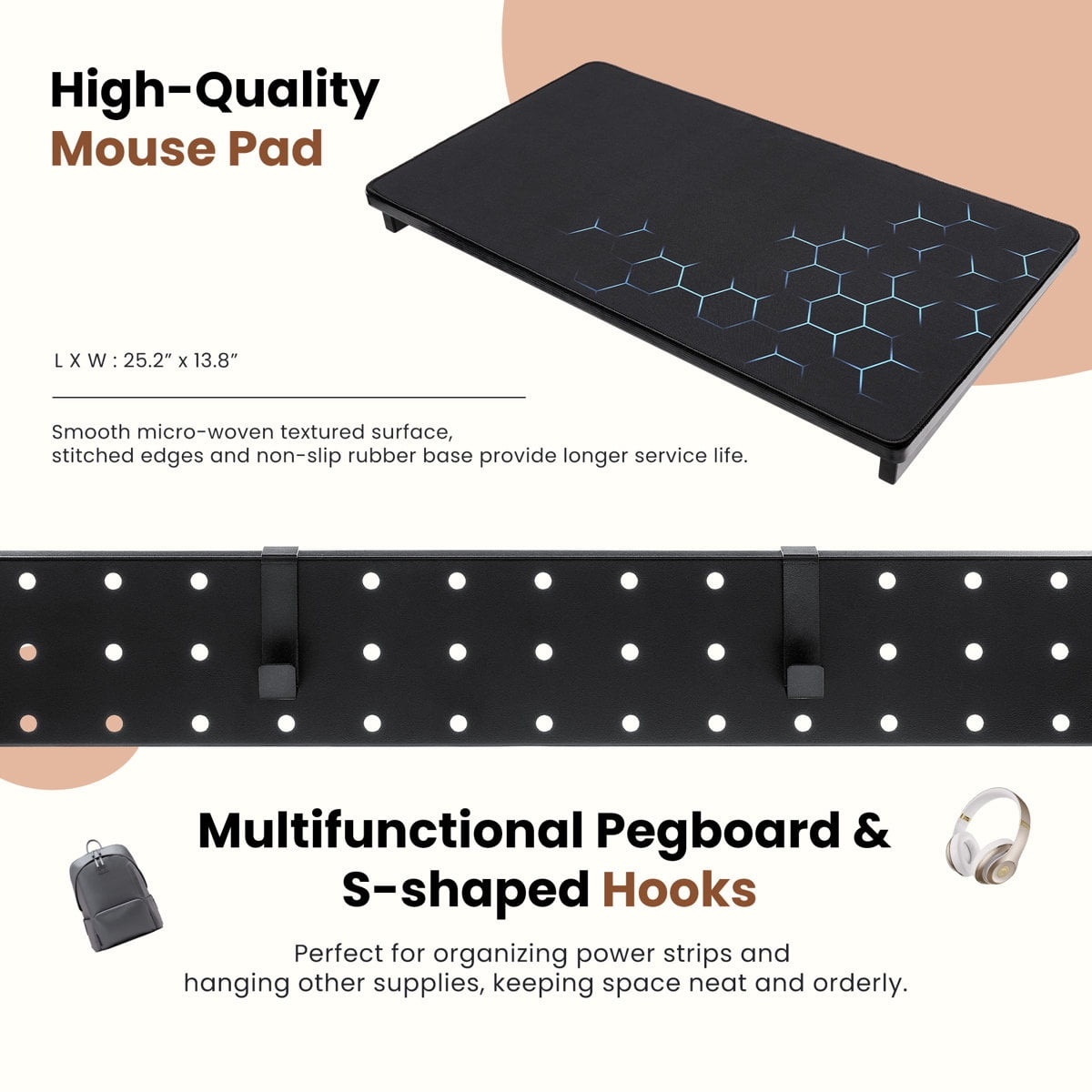 JIOABL Height Adjustable 2-Tier Computer Tower Stand with Folding Panel, Wheels, Pegboard & Mouse Pad, Black