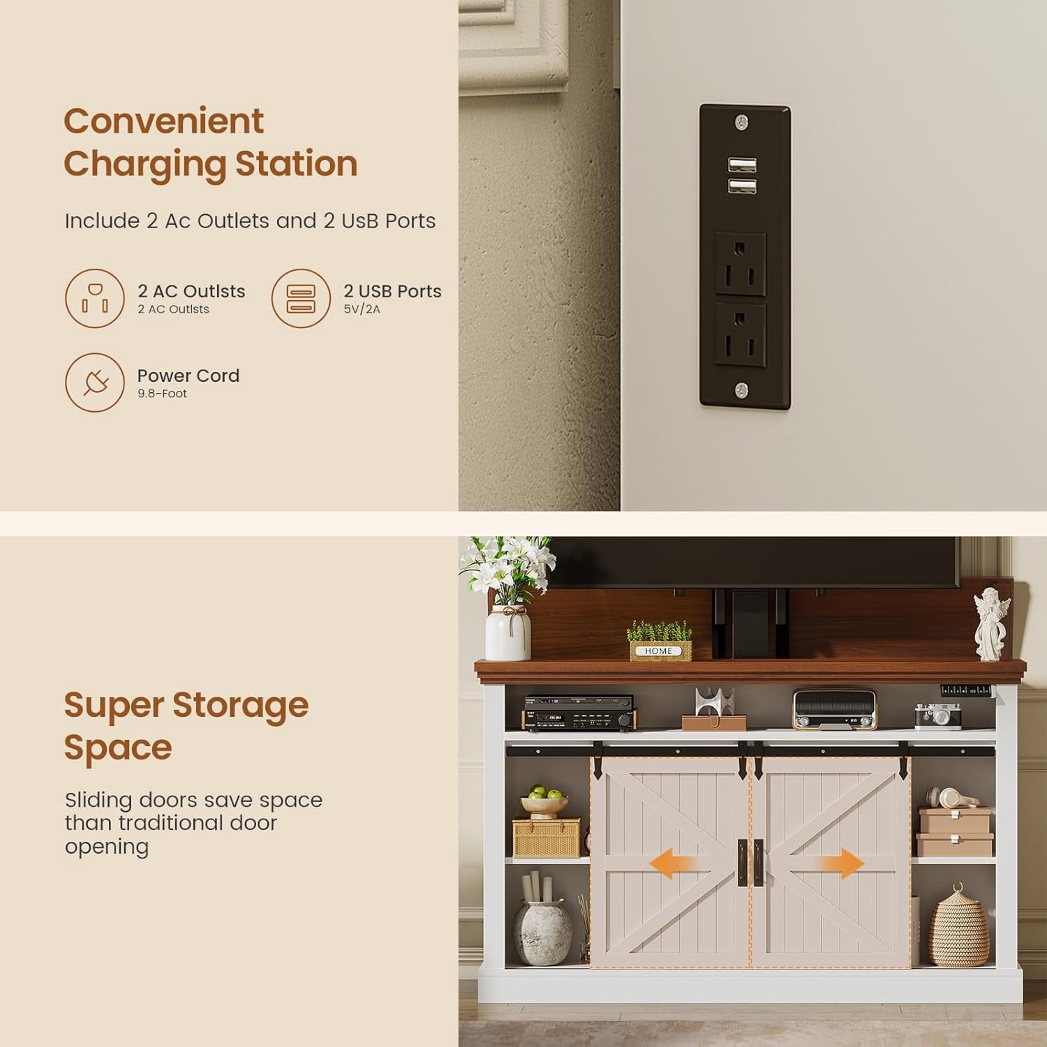 Motorized TV Lift Cabinet for 55-60” TVs, Farmhouse TV Stand, Entertainment Center with Storage Cabinets & Sliding Barn Doors, TV Media Console Table with Charging Station for Living Room, White