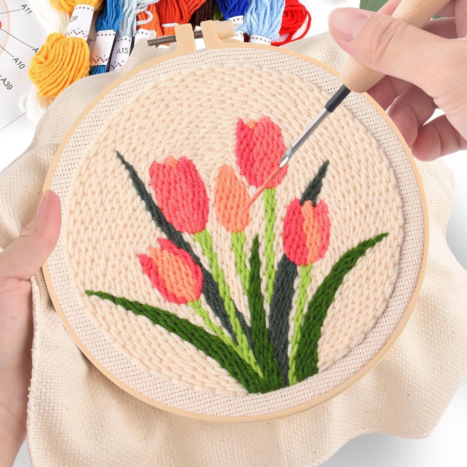 Floral Embroidery Kit for Beginners, Easy Needlepoint Kits for Adults Include Pattern, Hoops, Instructions, Threads and Fabric, Craft Starter Punch Needle Cross Stitch (Tulip)