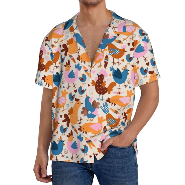 Balery Cute Chickens Camisa Casual de Manga Corta con Botones para Hombre, Texturizada, Estilo Cubano, para Playa, Verano-Large