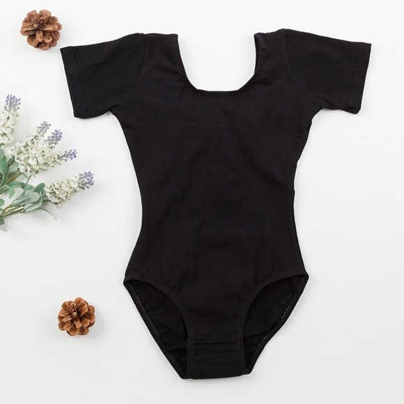 Goriertaly Girls Gym Ballet Dance Outfit Classic Short Sleeve O-Neck Bodysuit Jumpsuit Soft Gymnastics Dancewear Costume Leotard Black XL