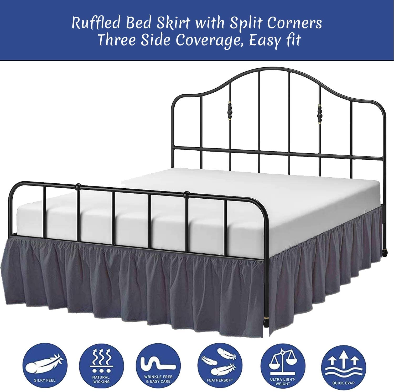 Cottington Lane Ruffled Bed Skirt- Microfiber- Dark Grey, King 18 Inch Drop Split Corner Bed Skirt With Platform