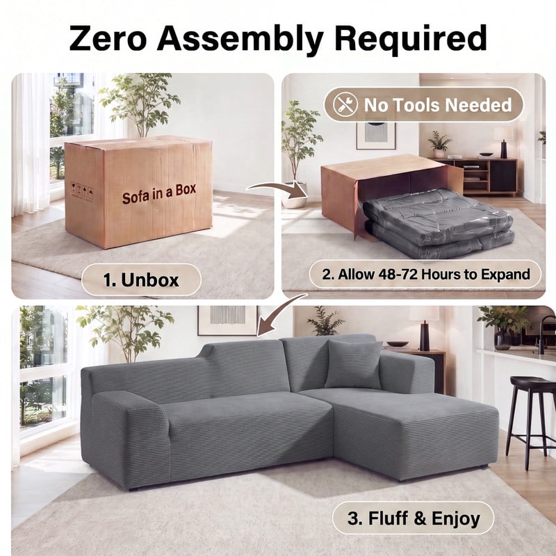 Gewnee 96" Modular Sleeper Sofa Bed, Boneless Sectional Couch with Deep Seat, Boneless Couches for Living Room, Gray（Corduroy）