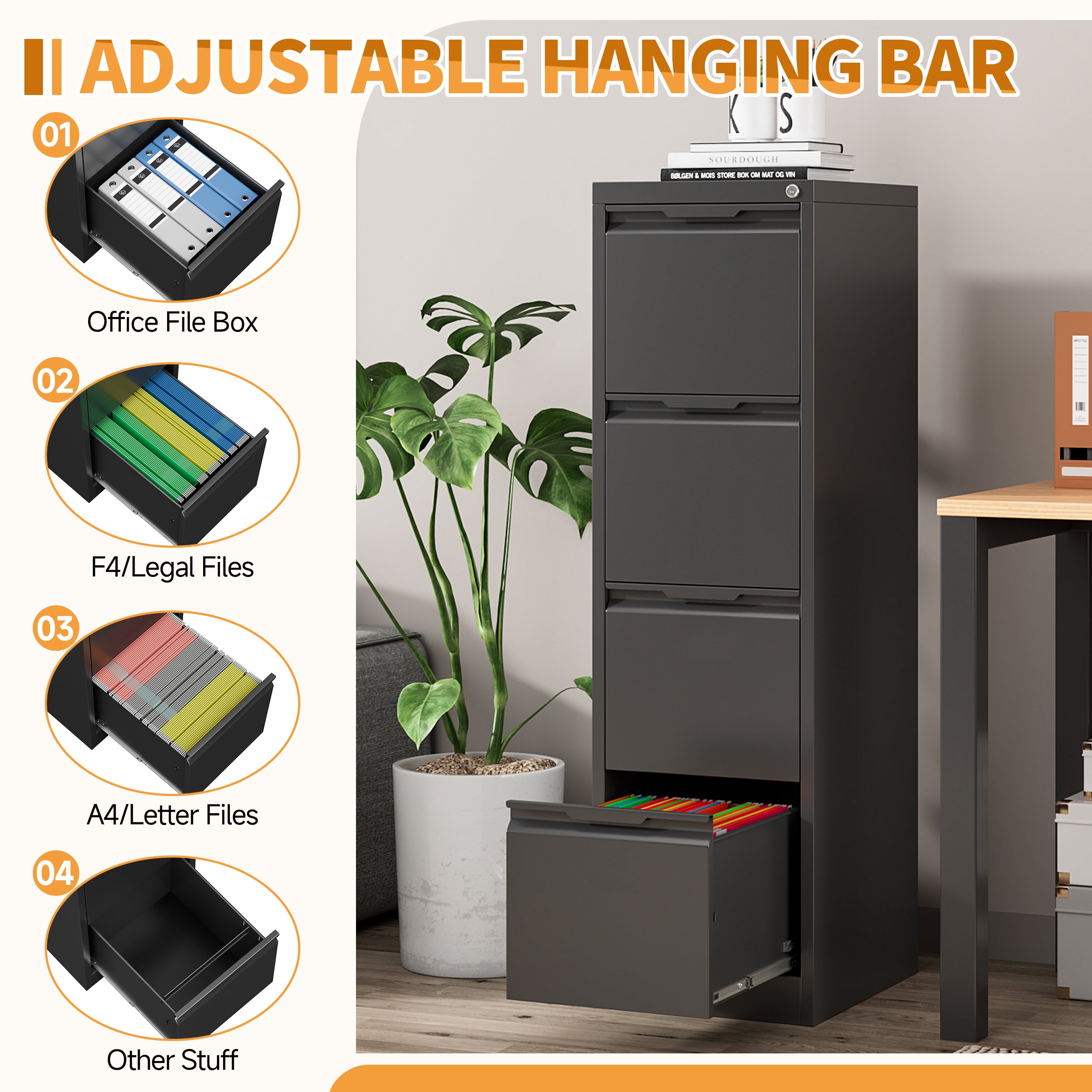 Metal File Cabinet with Lock, Storage Cabinet with 4 Drawers for Home Office,Metal Filing Cabinet for Legal/Letter/A4 Files,Assembly Required(15''W-4 Drawers,Black)