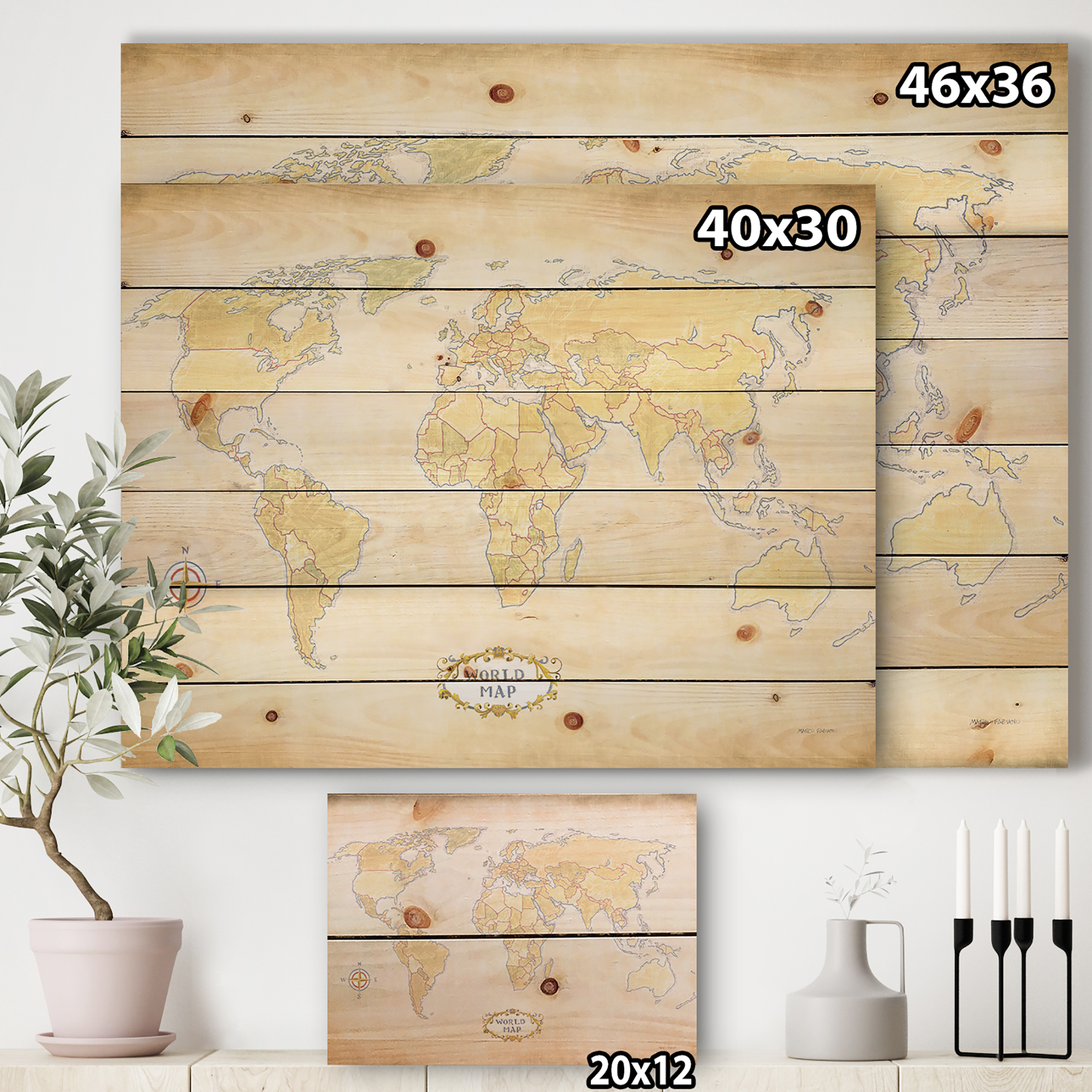 Designart 'World Trekker I Crop' Map Print on Natural Pine Wood