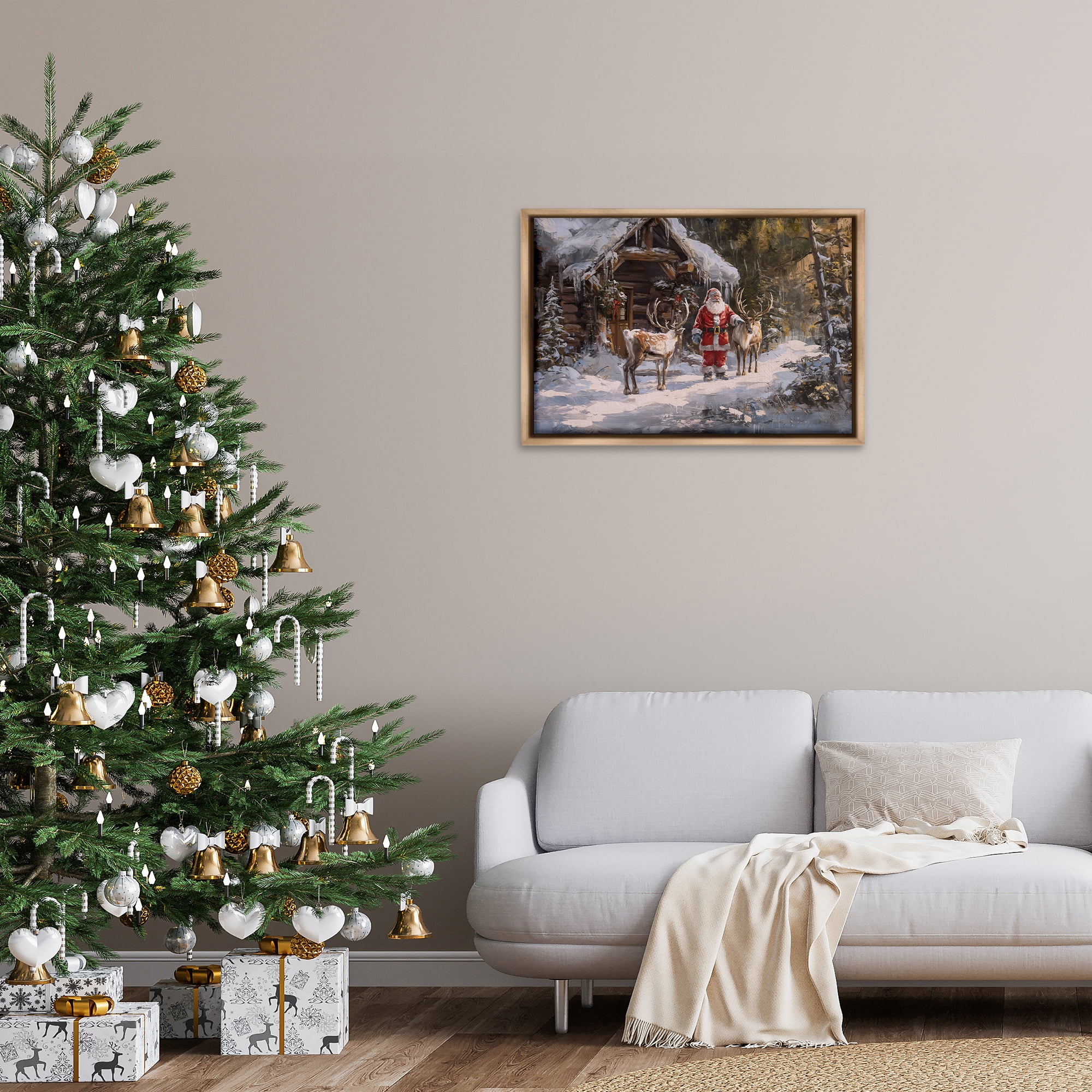 Stupell Industries Traditional Santa by Cabin Holiday Painting Brown Floater Framed Canvas Art Prints Wall Art, 31 x 21