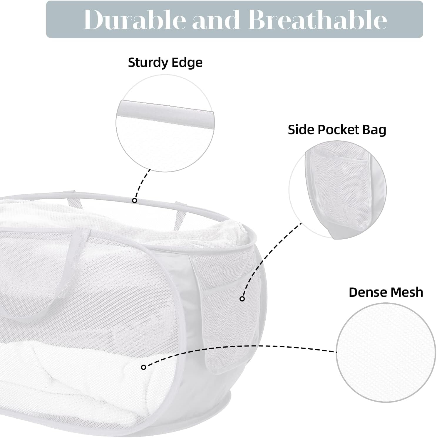 Kiibsot Strong Mesh Pop Up Laundry Basket, Collapsible Laundry Hamper with Side Pocket, Foldable Clothes Hamper with Durable Reinforced Handles for Laundry, Bathroom, Kids Room, Dorm or Travel