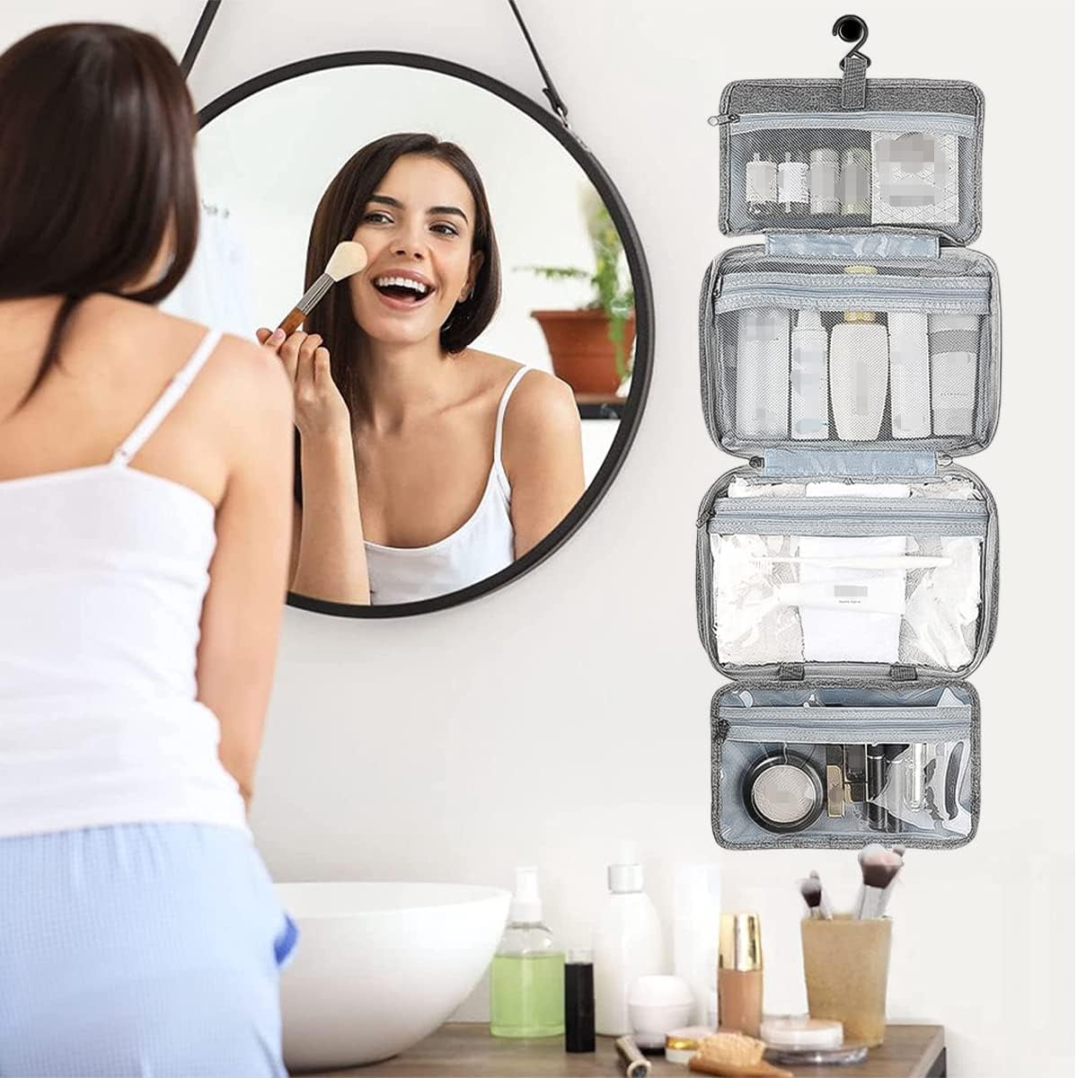 SSOTTNXY Waterproof Hanging Toiletry Bag with 4 Foldable Compartments, Large Travel Organizer