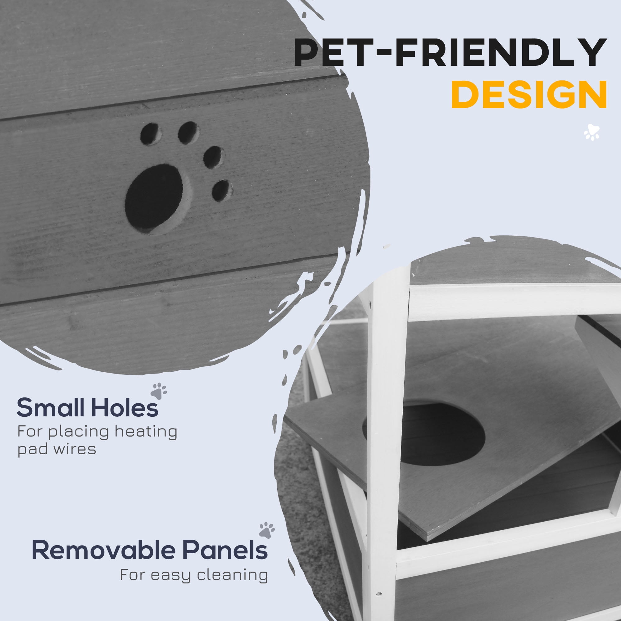 PawHut Wooden Outdoor Cat House, Feral Cat Shelter Kitten Tree with Asphalt Roof, Escape Doors, Condo, Jumping Platform, Light Gray