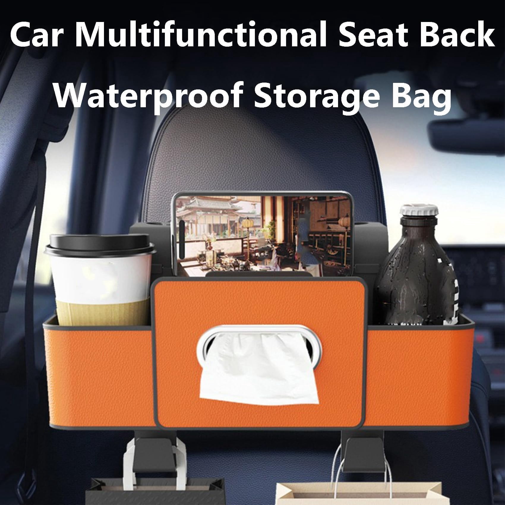 KANOHENO 3-in-1 Car Backseat Organizer,Multifunctional Waterproof Car Seat Back Storage Box with Dual Cup Holders,Tissue Box & Phone Holder for Daily Driving & Travel