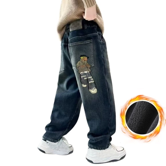 GPOECD Boys Winter Lined Denim Pants Thickened Warm Casual Trousers Loose Fit Dad Jeans for Toddler Pants 12_Dark Blue,14-15Years