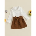 thumbnail image 3 of Suealasg 2pcs Little Girl Spring Skirt Set Solid Ribbed Long Sleeve Lapel V-Neck Tops Button Belted Skirt 1T 2T 3T 4T 5T Kids Casual Outfits, 3 of 7