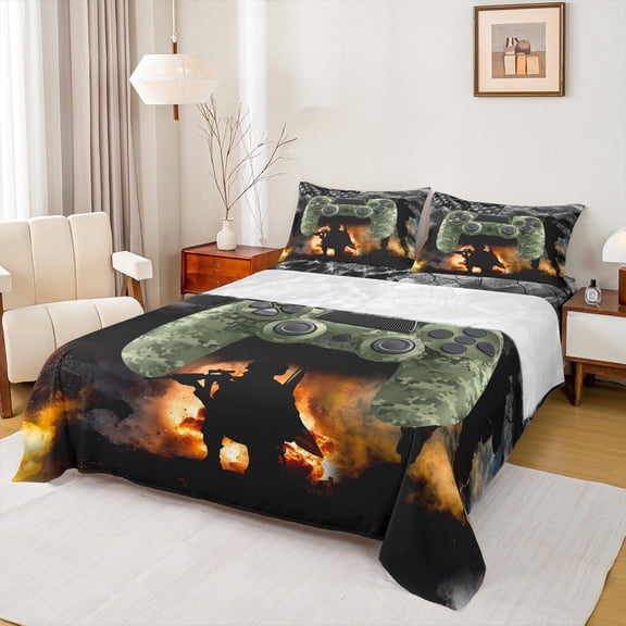 Homewish 3-Piece Camouflage Gamepads USA Flag Abstract Camo Twin Sheet Set for Teens, Lightweight Room Decor