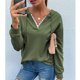 thumbnail image 3 of Suéter informal liso de manga larga para el trabajo, talla M Sudadera con cuello en V verde con detalle de encaje, 3 of 6