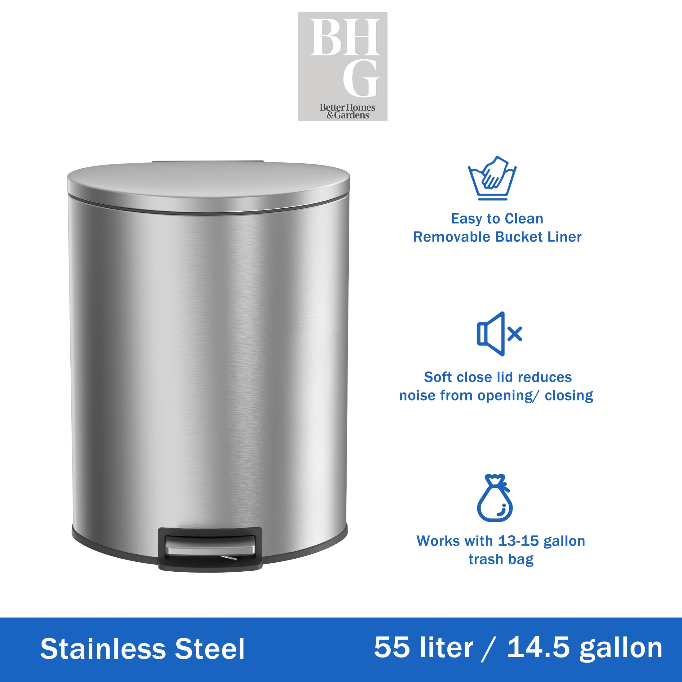 Better Homes & Gardens Kitchen Trash Can, 14.5 Gallon Stainless Steel Semi Round Step Garbage Bin with Soft Close Lid, Silver