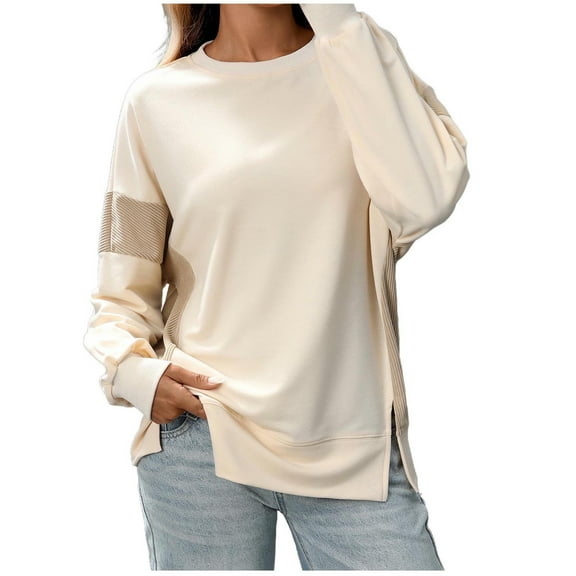 zbxnLI Women's Long Sleeve Sweatshirts Side Split Crew Neck Loose Sweat Shirts Pullover Tops Fall Clothes