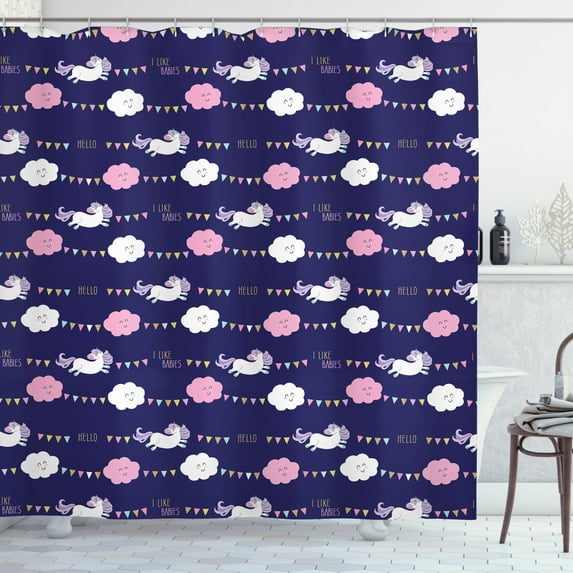 Cartoon Shower Curtain, I Like Babies Hello Calligraphic Layout of Clouds Unicorns and Party Flags, Fabric Bathroom Set with Hooks, 69W X 84L Inches Extra Long, Indigo Multicolor, by Ambesonne