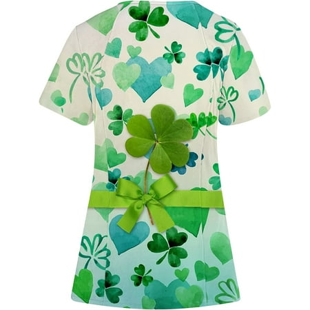 

Women s St Patricks Day Working Uniform Shamrock Irish Casual Pocketed Scrub Top Funny Cute Tee Nursing Shirts Working Tees