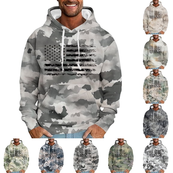 Yaoyar Men's Camo Flag Print Pullover Hoodie, Vintage Graphic Sweatshirt with Cozy Fleece for Casual Outdoor Wear