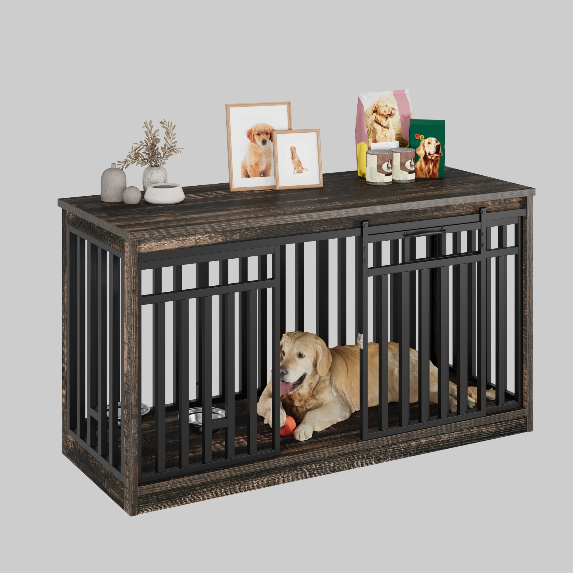 Uforic 55.1 Inch Dog Crate Furniture for Large Dogs,Indoor Furniture Style Wooden Large Dog Kennel TV Stand Sliding Doors -Black Oak