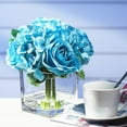 thumbnail image 2 of Enova Home Artificial Silk Hydrangea and Rose Fake Flowers Arrangement in Cube Glass Vase with Faux Water for Home Office Wedding Party Decoration (Aqua), 2 of 3