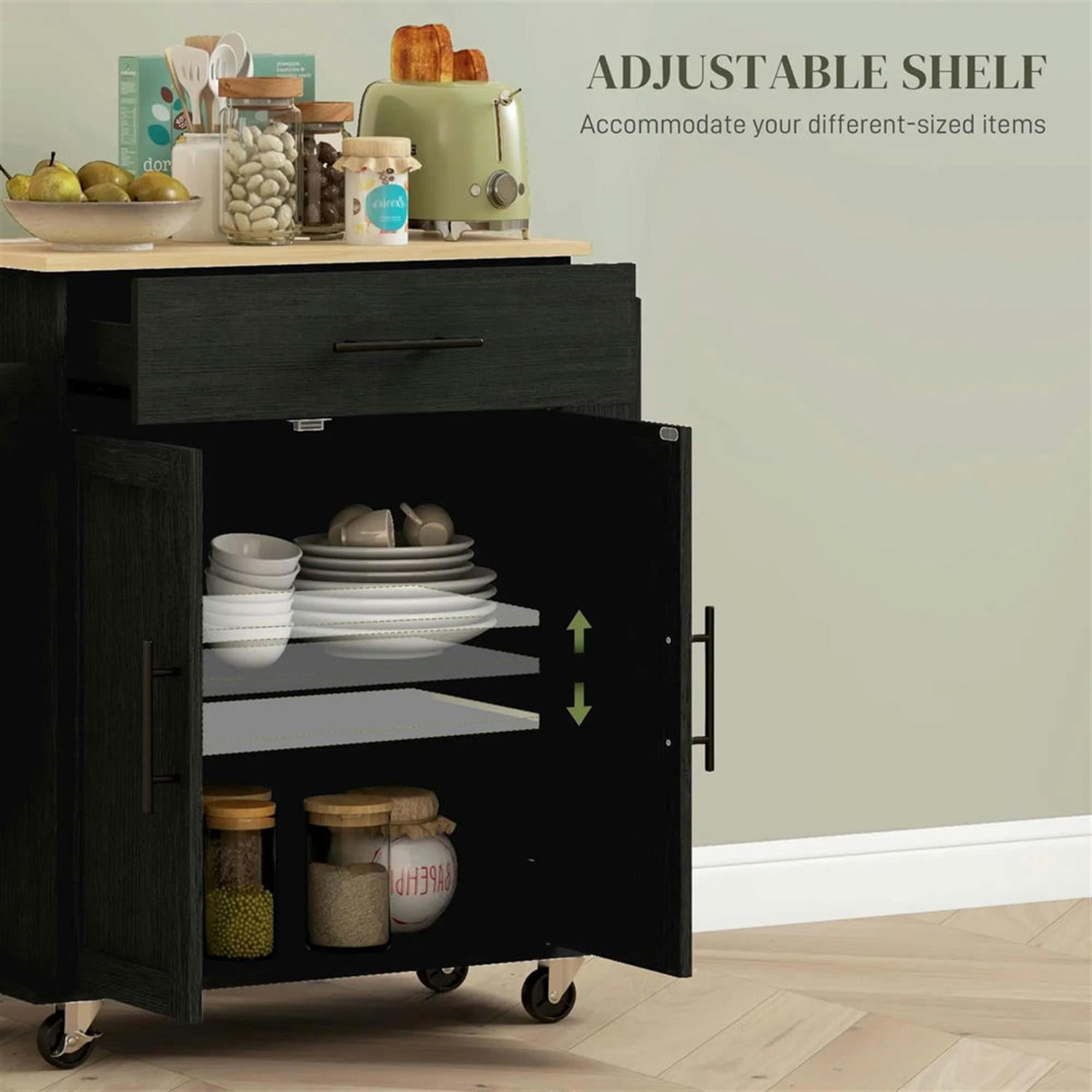 Demi Bonn 34" Kitchen Island Cart on Wheels with Storage, Rolling Dining Room Serving Utility Carts Mobile Movable with Power Outlets and Drawer for Dining Room, Black