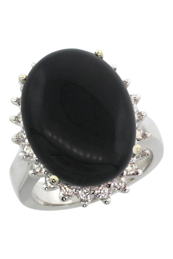 14k White Gold Diamond Halo Natural Black Onyx Ring Large Oval 18x13mm, size 10