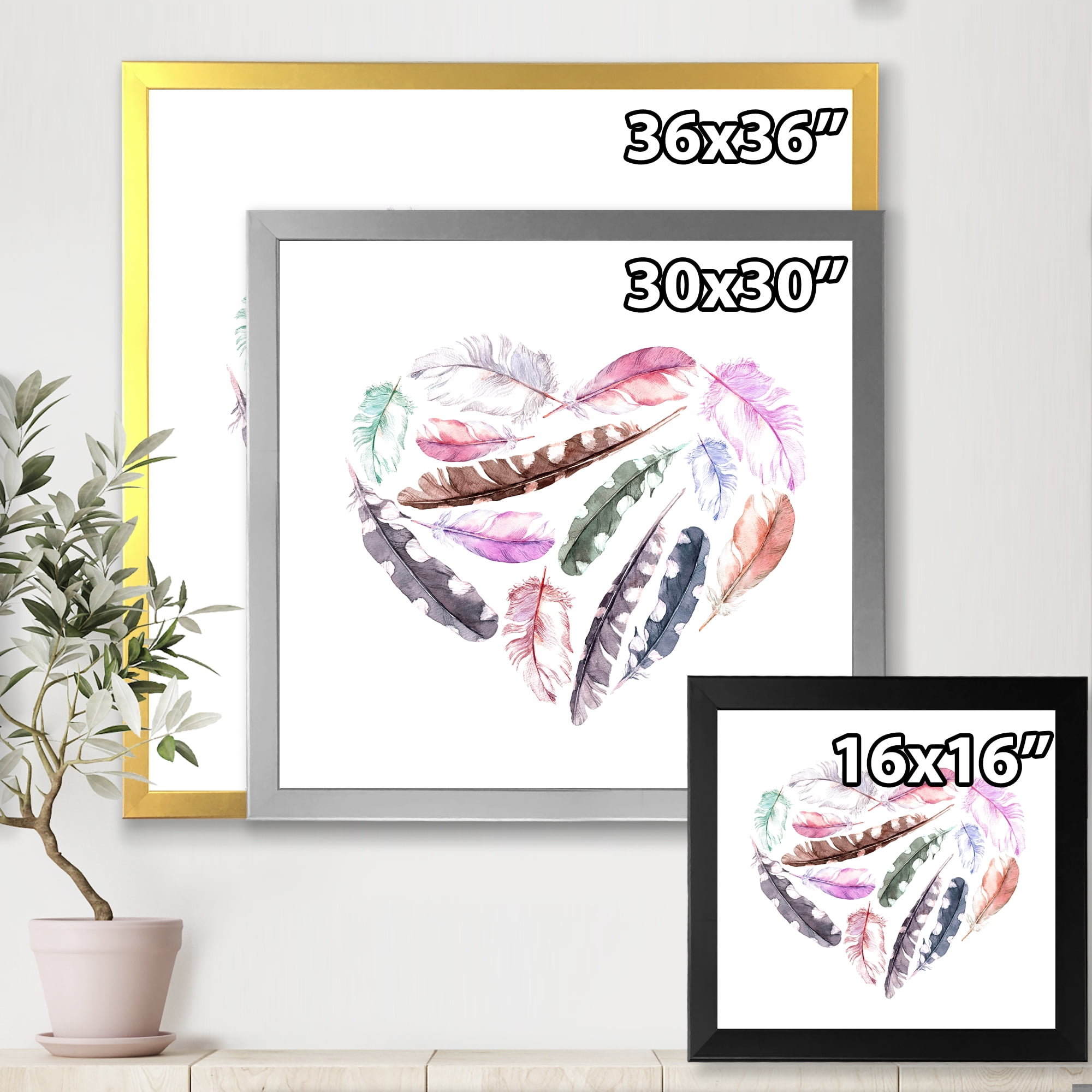 Designart 'Retro Pink Bird Feathers With Heart' Bohemian & Eclectic Framed Art Print