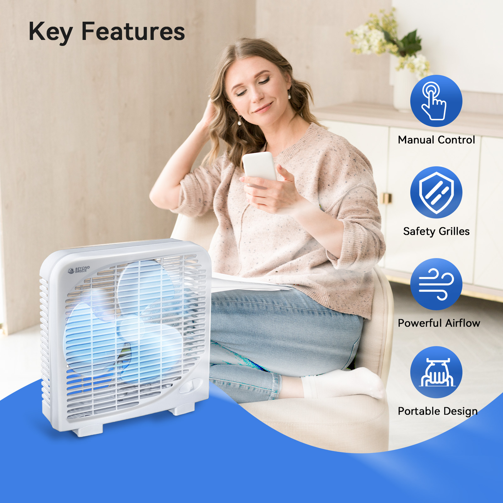 BEYOND BREEZE Box Fan, 9 inch 2 Speeds Table Fan with Strong Airflow, Portable Tabletop Fan for Bedroom, Bathroom, Kitchen