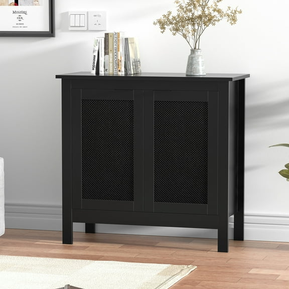 Eumyviv Black Accent Sideboard Cabinet with 2 Rattan Doors, Adjustable Storage for Bedroom or Living Room